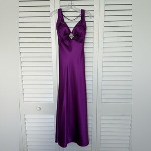 Purple Elegant Satin Maxi Dress with Jeweled Waist and Back - New